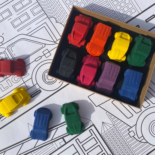 Car Crayon set with large colouring mat, boys birthdays, Easter activities for toddlers, vehicles gifts, kids birthday gifts