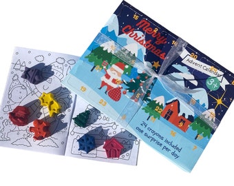 May include: A Christmas advent calendar with a blue background, snowy mountains, and Santa Claus illustration. The text reads Merry Christmas, Advent Calendar, and 24 crayons included one surprise per day. Includes a coloring book and shaped crayons.