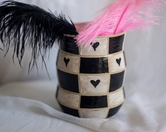 Checkered squares pink black white vase. Pop punk heart vase angular shape geometric handmade wheelthrown ceramic hand painted.