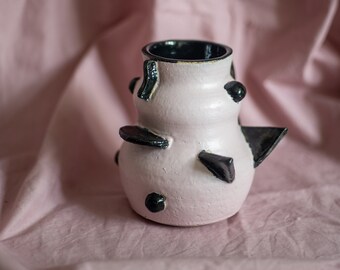 Ceramic stoneware  baby pink and black geometric vase. Colourful triangles angular shaped wheel thrown vase