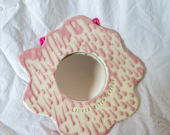 Handmade Porcelain Hanging Mirror: "Badass b!tch energy", Pink Drip Glaze