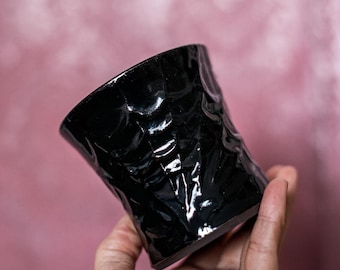Handmade Black Ceramic Cup – Gothic Pottery Tumbler with Blue Glaze