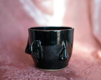 Handmade Black Glaze Ceramic Face Planter – Surrealist Decor
