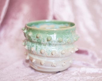Handmade Spiky Ceramic Planter – Green & White Wheel-Thrown Pot
