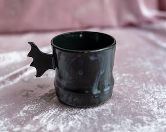 Handmade Bat Mug Ceramic Cup | Sculpted Bat Handle | Wheel Thrown Stoneware | Gothic Pottery Coffee Mug