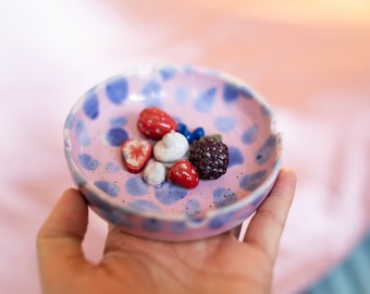 Berries and cream handmade stoneware ceramic ashtray in pink glaze with manually sculpted strawberry, blackberry and whipped cream details