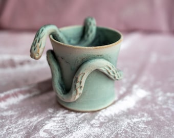 Handmade Snake Mug | Wheel Thrown Stoneware | Sculpted Serpent Handle | Gothic Pottery Coffee Cup