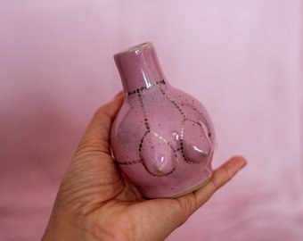 Ceramic stoneware small vase in body form shape. Boob/breast/tit ceramic glazed with glossy pink with spots and silver luster bodychain