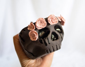 Skull and flower crown stoneware witchy ceramic cup/bowl with black and pink porcelain roses.  Decorative handbuilt handmade ceramics