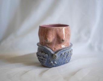 Mermaid in pink and speckled blue boob cup with handle tail and shiny glaze. Magic fantasy coffee mug handmade ceramics.