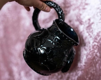 Handmade Gothic Stoneware Pitcher – Black Ceramic Snake Handle, Cobweb Design