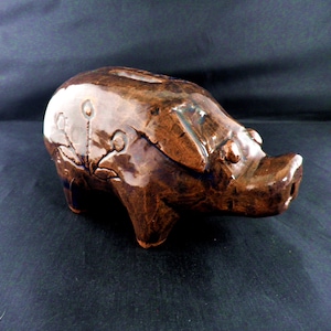 1960s Dark Brown Hand Glazed Studio Art Ceramic Porky Pig Money Box / Figure by GB Bowlett Pig Pottery Figure Gift Present Collectable