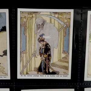 May include: A woman in a blue and gold robe kneels before a skeletal figure in a white robe holding a scythe. The text "At the narrow passage there is no brother and no friend." is at the bottom of the image.