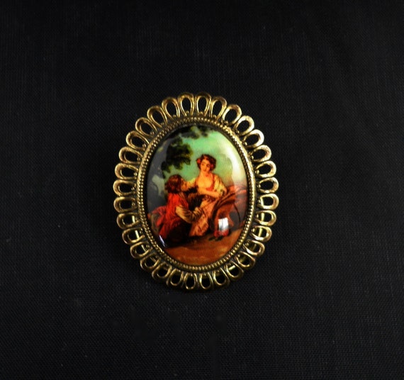 1930s The Lovers Enameled and Gilded Scarf Brooch 