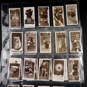 Puede incluir: Una colección de cromos vintage en tonos sepia, cada uno dentro de una lámina de plástico transparente. Las tarjetas presentan varias imágenes, incluyendo animales, personas y objetos. El texto es visible en algunas tarjetas. Las tarjetas están dispuestas en filas y columnas.