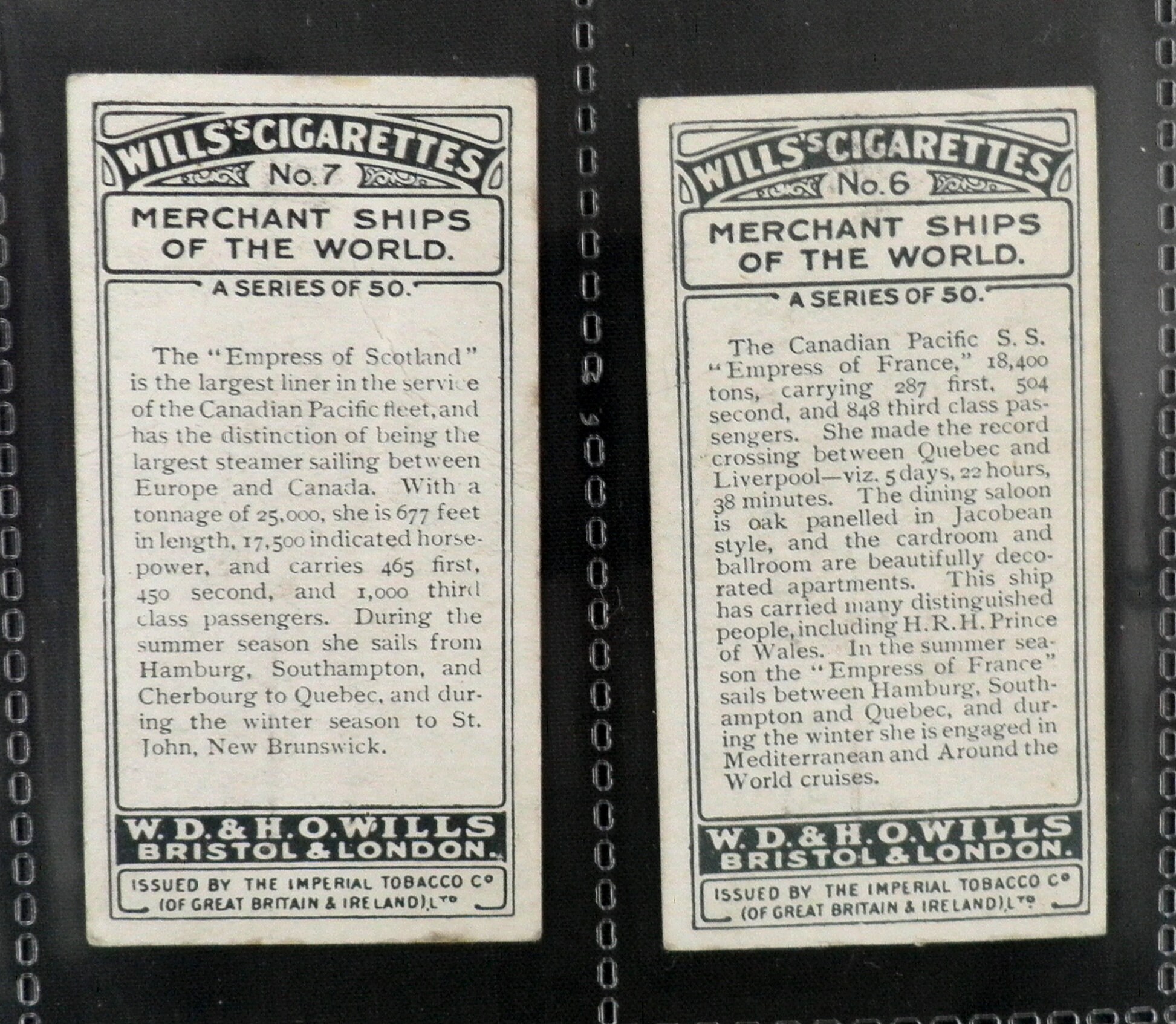 WD & HO Wills による世界の商船のタバコカード 50 枚セット 1924 年