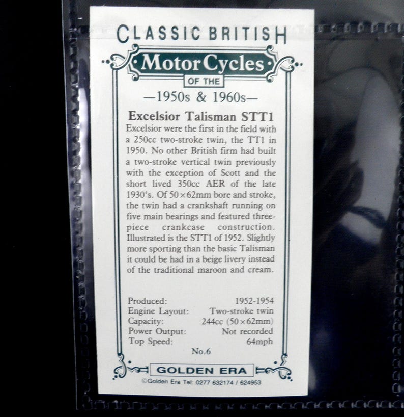 Tarjetas comerciales de motocicletas británicas clásicas de las décadas de 1950 y 1960 de Golden Era. Conjunto de 25. Publicado en 1993. Historia de las motocicletas. Motociclista. Triumph. imagen 6