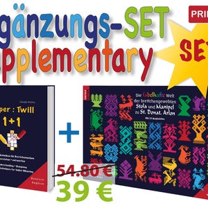 May include: A book set with the words "Ergänzungs-SET Supplementary" in colorful text. The set includes two books: "Köper: Twill 1+1" and "Die fabelhafte Welt der brettchengewebten Stola und Manipel zu St. Donat. Arlon". The price is marked as 39€.