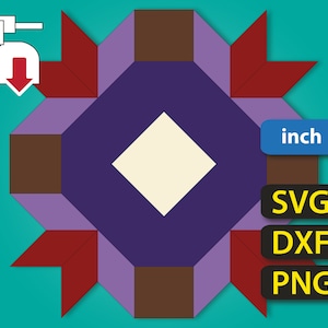 May include: A purple, brown, and red quilt block pattern with a white diamond in the center. The block is 12 inches wide and 12 inches tall. The pattern is called "Eight-Pointed Star".