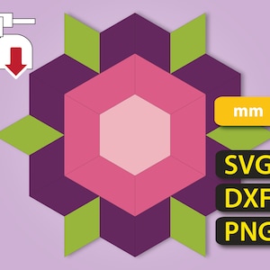 Könnte beinhalten: Ein digitaler Download eines geometrischen Blumendesigns in den Farben Rosa, Lila und Grün. Das Design ist in den Formaten SVG, DXF und PNG verfügbar. mm