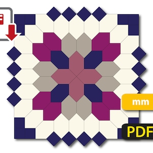 Könnte beinhalten: Ein geometrischer Quiltblock mit einem sternförmigen Design in der Mitte. Der Block besteht aus verschiedenen Farbtönen von lila, grau und blauem Stoff. Der Block ist 12 Zoll quadratisch.