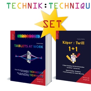Könnte beinhalten: Zwei Bücher mit den Titeln "Tablets at Work" und "Köper: Twill 1+1" mit einem gelben Stern, auf dem "SET" steht. Beide Bücher sind blau mit roten und weißen Akzenten. Die Bücher sind in Deutsch und Englisch.