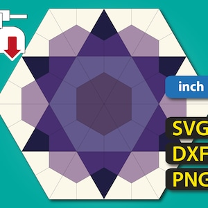 Könnte beinhalten: Ein geometrisches Muster in Hexagonform in Lila und Weiß. Das Muster besteht aus Dreiecken und Sechsecken. Das Bild enthält die Wörter "inch", "SVG", "DXF" und "PNG".