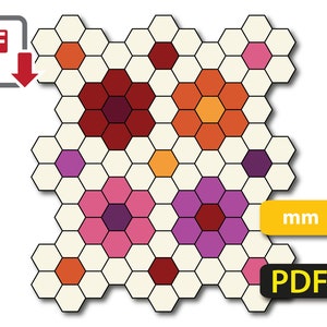 May include: A colorful hexagonal pattern with a variety of red, orange, yellow, pink, and purple hexagons. The pattern is made up of smaller hexagons that create a flower-like design. The image includes the text "PDF" and "mm".