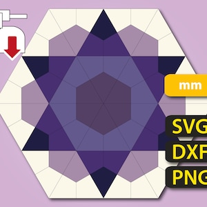 May include: A purple and white geometric pattern in the shape of a hexagon. The pattern is made up of triangles and squares. The image includes the text "mm", "SVG", "DXF", and "PNG".