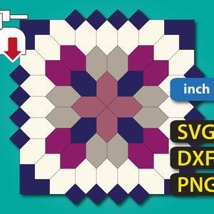 Könnte beinhalten: Ein geometrischer Quiltblock mit einem Farbmuster in Pink, Grau, Weiß und Marineblau. Der Block ist 6 Zoll quadratisch.