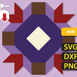 May include: A purple and brown quilt block with red, white, and purple accents. The block is in the shape of a star with a diamond in the center. The block is labeled with the text "mm", "SVG", "DXF", and "PNG".