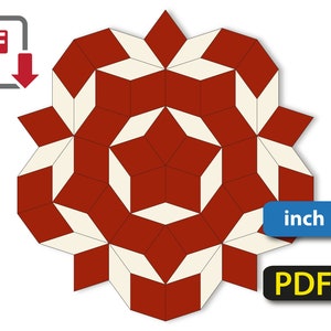 Peut inclure: Un modèle de bloc de courtepointe géométrique rouge et blanc imprimable en PDF. Le bloc est composé de 12 blocs plus petits, chacun avec une orientation différente. Le modèle est disponible en pouces.