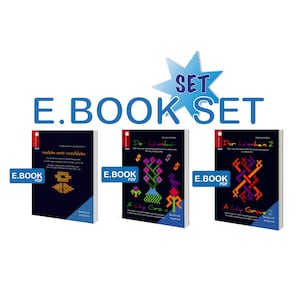 May include: A set of three e-books with dark blue covers. The books have titles in German and English, with colorful geometric designs. The text "E.BOOK SET" is displayed in large blue letters above the books.