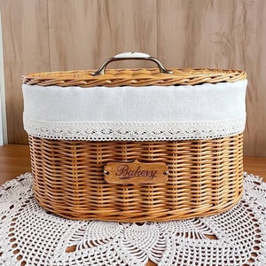 Bread box for kitchen countertop, Bread storage basket with linen bag, Wicker farmhouse bread box with lid for dining table decor, Gram gift