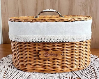 Bread box for kitchen countertop, Bread storage basket with linen bag, Wicker farmhouse bread box with lid for dining table decor, Gram gift