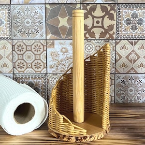 Rustic Wicker Paper Towel Holder: Handmade Kitchen Roll Stand Farmhouse Kitchen Organizer
