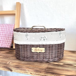 Wicker Bread Box with Linen Bag: Farmhouse Kitchen Storage
