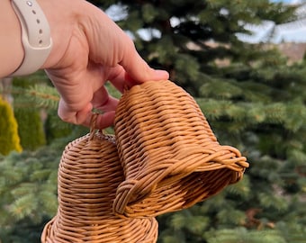 Christmas bell ornaments handmade Christmas tree ornaments Wicker Farmhouse xmas hanging Door decor wreath Cow bell wall hanging winter deco