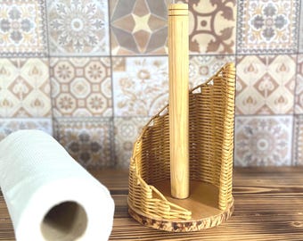 Rustic Wicker Paper Towel Holder: Handmade Kitchen Roll Stand Farmhouse Kitchen Organizer
