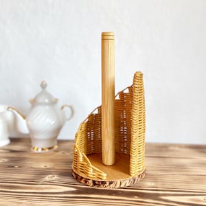 Kitchen paper towel holder free standing, Rattan roll holder stand for countertop, Wooden paper towel holder, Farmhouse kitchen organiser