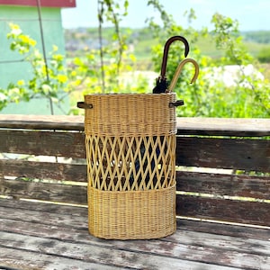 Wicker oval umbrella basket stand for entryway decor,  Tall umbrella and walking stick holder, Handmade basket, Boho home decor