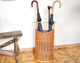 Wicker umbrella holder for entryway decor, Umbrella stand basket, Cane stand, Tall umbrella and walking stick holder, Handmade basket