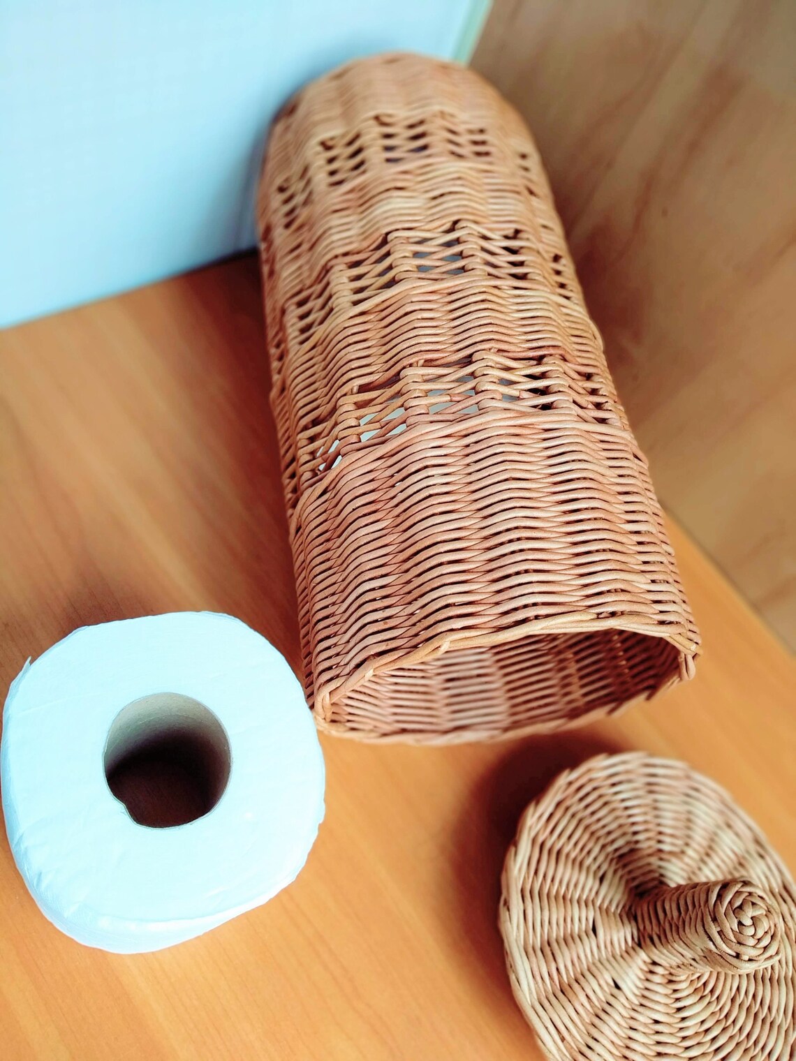 Wicker round toilet paper storage basket with lid for Etsy