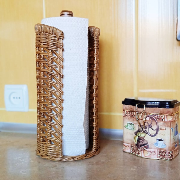 Countertop paper towel holder standing, Rustic paper towel roll holder, Wicker paper towel standing basket, Kitchen storage basket
