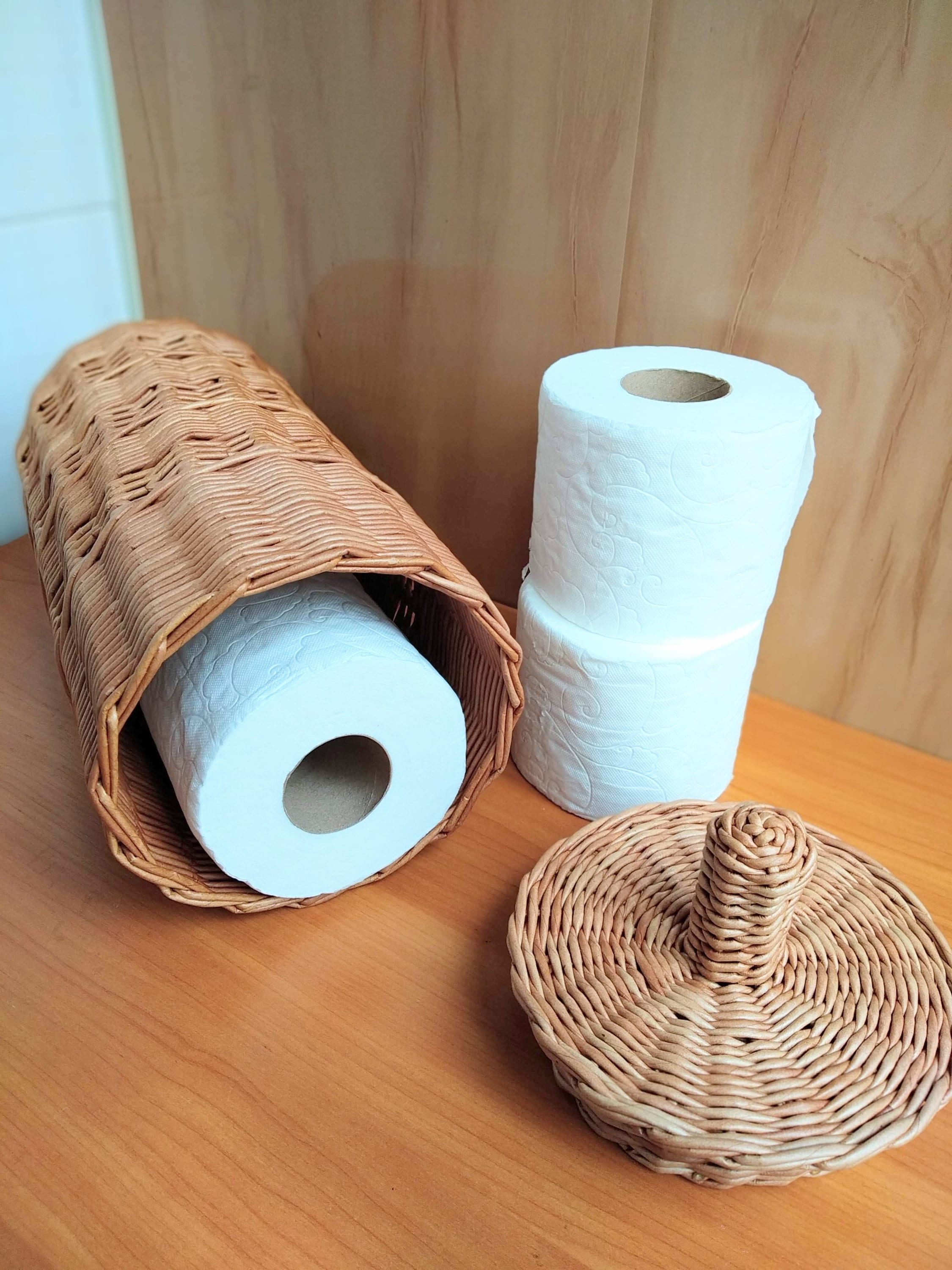 Wicker round toilet paper storage basket with lid for Etsy