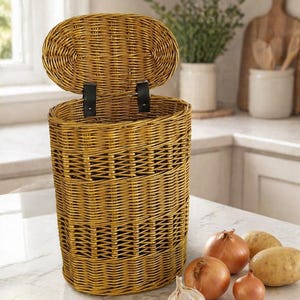 Handmade Wicker Onion Bin with Lid, Rustic Kitchen Organizer for Potatoes Garlic Produce