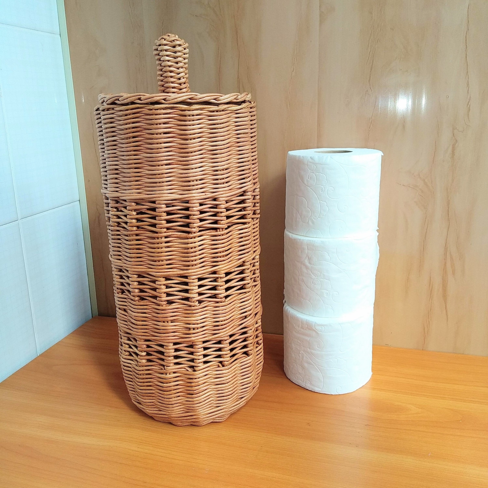Wicker round toilet paper storage basket with lid for Etsy