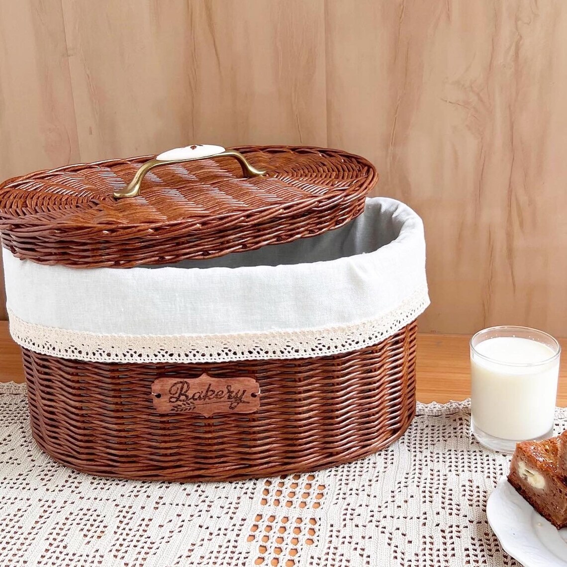 Farmhouse Bread Box Wicker Basket Box With Linen Bag Bread Etsy
