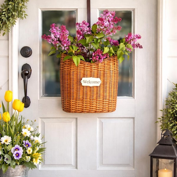 Front Door Flower Basket, Wall Pocket Rustic Wicker Spring Decor