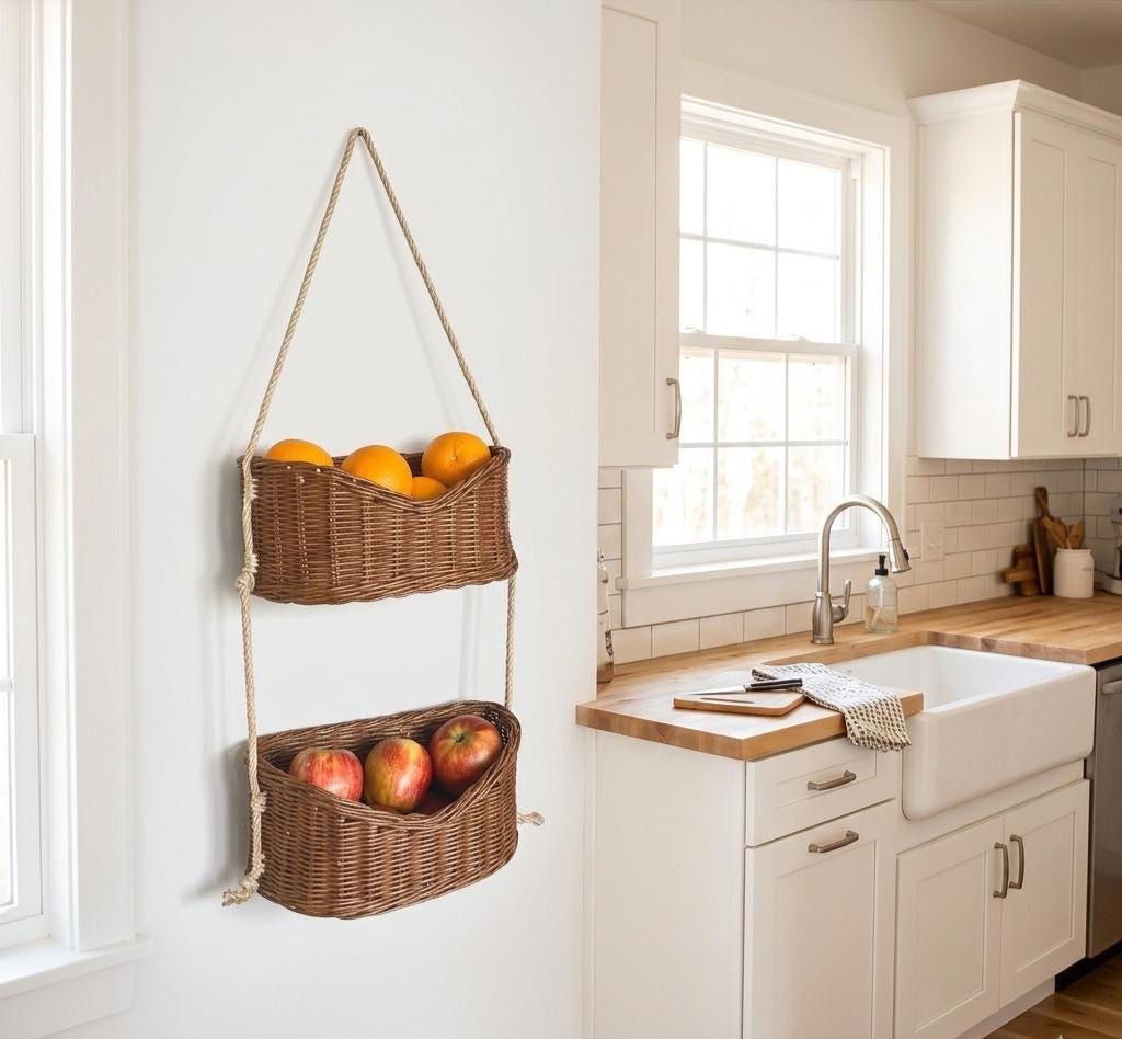2 Tier Wicker Hanging Fruit Basket Wall Mount Produce Holder Boho Kitchen Storage Pantry Organizer